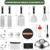 image19PCS Griddle Accessories Kit Stainless Steel Flat Top Grill Accessories Set for Blackstone and Camp Chef Grill Spatula Set with Enlarged Spatulas Basting Cover Scraper for Outdoor BarbecueRound Bacon Press