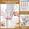 image28 Pcs Silicone Cooking Utensils Kitchen Utensil Set  446F Heat Resistant Turner Tongs Spatula Spoon Brush Whisk Wooden Handle Kitchen Gadgets with Holder for Nonstick Cookware White