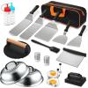 image19PCS Griddle Accessories Kit Stainless Steel Flat Top Grill Accessories Set for Blackstone and Camp Chef Grill Spatula Set with Enlarged Spatulas Basting Cover Scraper for Outdoor BarbecueRound Bacon Press