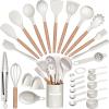 image28 Pcs Silicone Cooking Utensils Kitchen Utensil Set  446F Heat Resistant Turner Tongs Spatula Spoon Brush Whisk Wooden Handle Kitchen Gadgets with Holder for Nonstick Cookware White