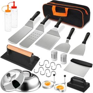 image19PCS Griddle Accessories Kit Stainless Steel Flat Top Grill Accessories Set for Blackstone and Camp Chef Grill Spatula Set with Enlarged Spatulas Basting Cover Scraper for Outdoor BarbecueRectangle Bacon Press