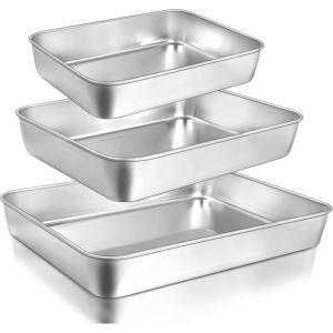 imageBaking Pans Set of 3 Commercial Grade Stainless Steel Cookie Pan for Baking 12109 Inch Rectangle Bakeware Set for Cakes Breads Lasagna Casseroles Rust ampamp Warp Resistant ampamp Nonstick Heavy Duty