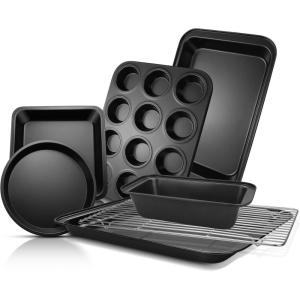 imageEWFEN Bakeware Sets Baking Pans Set Nonstick Oven Pan for Kitchen with Wider Grips 7Piece with RoundSquare Cake Pan Loaf Pan Muffin Pan Cookie Sheet Roast Pan Cooling Rack Carbon Steel Bake