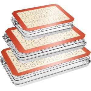 imageEWFEN Baking Set Stainless Steel Sheet Pan with Cooling Rack ampamp Silicone Mat Set MultiSize 3 Sheets  3 Racks  3 Mats Warp Resistant ampamp Heavy Duty Easy CleanRed