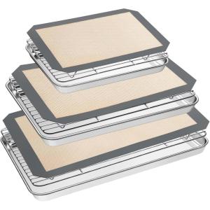imageEWFEN Baking Set Stainless Steel Sheet Pan with Cooling Rack ampamp Silicone Mat Set MultiSize 3 Sheets  3 Racks  3 Mats Warp Resistant ampamp Heavy Duty Easy CleanGray