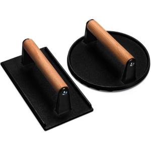 imageEWFEN Burger Press 7quot Round HeavyDuty Cast Iron Smash Bacon Press Meat Steak with Wood Handle for Griddle Sandwich Nonstick PanCast Iron Round  Rectangle