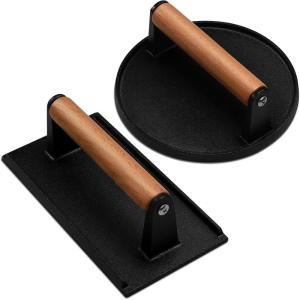 imageEWFEN Burger Press 7quot Round HeavyDuty Cast Iron Smash Bacon Press Meat Steak with Wood Handle for Griddle Sandwich Nonstick PanRound  Rectangle w Flat Bottom