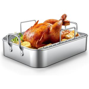 imageEWFEN Roasting Pan1713 Stainless Steel Turkey Roaster with Rack  Deep Broiling Pan ampamp Vshaped Rack ampamp Flat RackNontoxic ampamp Heavy DutyGreat for Thanksgiving Christmas Roast Chicken Meat Lasagna