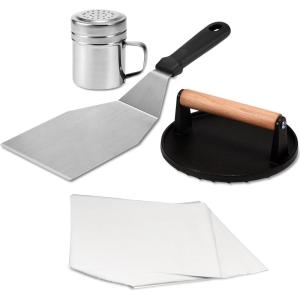 imageEWFEN Smash Burger Kit Cast Iron Press Spatula Seasoning Shaker and Patty Papers Flat Top Griddle Grill Cooking Outdoor Barbecues