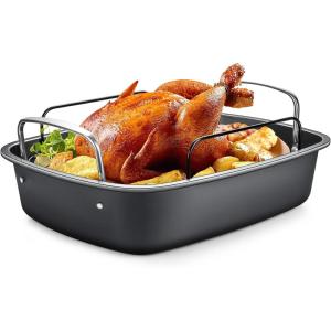imageNonstick Turkey Roasting Pan with Rack  1713 Inch Extra Large Roaster Pan Deep Turkey Tray for Oven UShaped Rack Wider Handles Ideal for Ovens Thanksgiving and Christmas