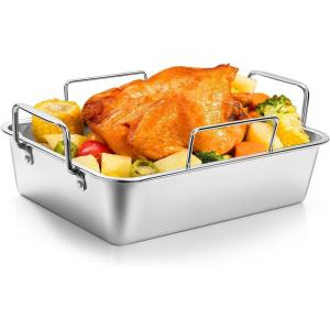 imageRoasting Pan 1410 Inch Stainless Steel Turkey Roaster with Rack  Deep Broiling Pan ampamp Vshaped Rack ampamp Flat Rack Nontoxic ampamp Heavy Duty Great for Thanksgiving Christmas Roast Chicken Meat Lasagna