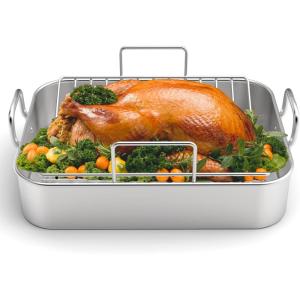 imageRoasting Pan EWFEN 1713 Inch Stainless Steel Turkey Roaster with Rack  Deep Broiling Pan ampamp Vshaped Rack ampamp Flat Rack Nontoxic ampamp Heavy Duty Great for Thanksgiving Christmas Roast Chicken Lasagna