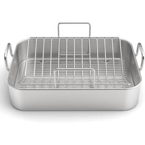 imageStainless Steel Roasting Pan 1713 Inch Turkey Roaster with Rack  Deep Broiling Pan ampamp Vshaped Rack ampamp Flat Rack Nontoxic ampamp Heavy Duty Great for Thanksgiving Christmas Roast Chicken Meat Lasagna