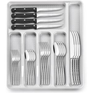 image49Piece Silverware Set with Organizer Heavy Duty Stainless Steel Flatware for 8 Cutlery Utensil Sets with Steak Knives Rustproof Mirror Polished Dishwasher SafeWave Hammered