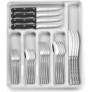 image49Piece Silverware Set with Organizer Heavy Duty Stainless Steel Flatware for 8 Cutlery Utensil Sets with Steak Knives Rustproof Mirror Polished Dishwasher SafeRound Hammered