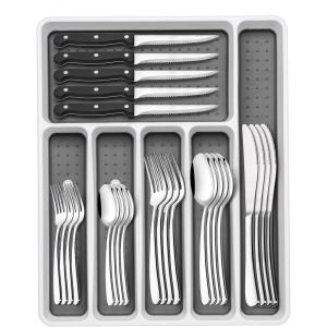 image49Piece Silverware Set with Organizer Heavy Duty Stainless Steel Flatware for 8 Cutlery Utensil Sets with Steak Knives Rustproof Mirror Polished Dishwasher SafeHeavy Duty