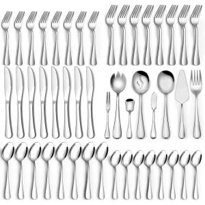 image68Piece Silverware Set with Serving Utensils EWFEN Heavy Duty Stainless Steel Flatware Set for 12 FoodGrade Tableware Cutlery Include KnifeForkSpoon for Home Mirror Finished Dishwasher SafeRound Edge 68pcs