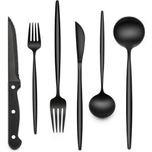 imageBlack Hammered Silverware Set 24Piece Stainless Steel Square Flatware Set with Steak Knives for 4 FoodGrade Tableware CutleryUtensil Sets for Home Restaurant Mirror Finish Dishwasher SafeLong Edge