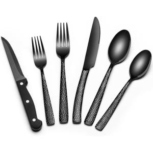 imageBlack Hammered Silverware Set 24Piece Stainless Steel Square Flatware Set with Steak Knives for 4 FoodGrade Tableware CutleryUtensil Sets for Home Restaurant Mirror Finish Dishwasher SafeWave Hammered