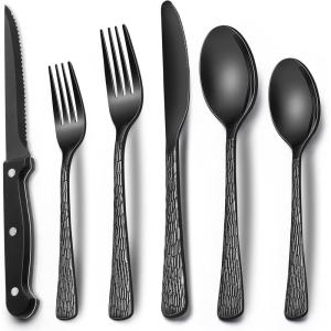 imageBlack Hammered Silverware Set 24Piece Stainless Steel Square Flatware Set with Steak Knives for 4 FoodGrade Tableware CutleryUtensil Sets for Home Restaurant Mirror Finish Dishwasher SafeTree Pattern