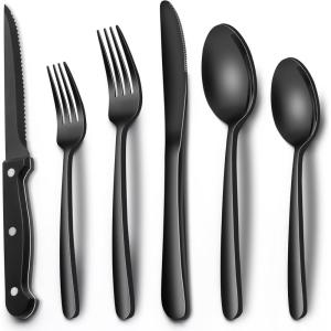 imageBlack Hammered Silverware Set 24Piece Stainless Steel Square Flatware Set with Steak Knives for 4 FoodGrade Tableware CutleryUtensil Sets for Home Restaurant Mirror Finish Dishwasher SafeHeavy Duty