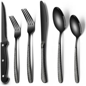 imageBlack Hammered Silverware Set 24Piece Stainless Steel Square Flatware Set with Steak Knives for 4 FoodGrade Tableware CutleryUtensil Sets for Home Restaurant Mirror Finish Dishwasher SafeRound Hammered