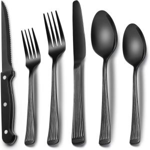 imageBlack Hammered Silverware Set 24Piece Stainless Steel Square Flatware Set with Steak Knives for 4 FoodGrade Tableware CutleryUtensil Sets for Home Restaurant Mirror Finish Dishwasher SafeRoman Column