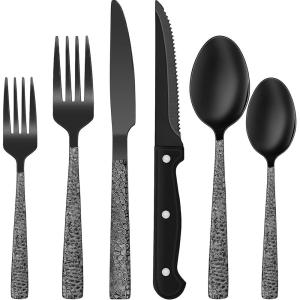 imageBlack Hammered Silverware Set 24Piece Stainless Steel Square Flatware Set with Steak Knives for 4 FoodGrade Tableware CutleryUtensil Sets for Home Restaurant Mirror Finish Dishwasher SafeHammered Edge