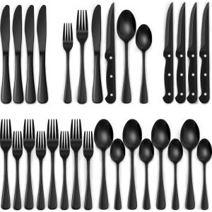 imageBlack Hammered Silverware Set 24Piece Stainless Steel Square Flatware Set with Steak Knives for 4 FoodGrade Tableware CutleryUtensil Sets for Home Restaurant Mirror Finish Dishwasher SafeRound Edge