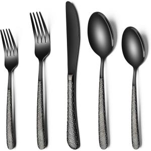 image:imageHammered Silverware Set 40Piece Stainless Steel Wave Flatware Set for 8 FoodGrade Tableware Cutlery Set Utensil Sets for Home Restaurant Mirror Finish Dishwasher SafeBlack Round Hammered