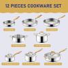image:imageTriple Ply Stainless Steel Pots and Pans Set EWFEN 12 Piece Induction Cookware Set Oven Dishwasher Safe  Frying Pans Saucepans Saute Pan amp Stock Pot PFOA Free Kitchen Skillet Gold12 Pieces Gold