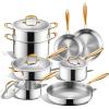 image:imageTriple Ply Stainless Steel Pots and Pans Set EWFEN 12 Piece Induction Cookware Set Oven Dishwasher Safe  Frying Pans Saucepans Saute Pan amp Stock Pot PFOA Free Kitchen Skillet Gold12 Pieces Gold
