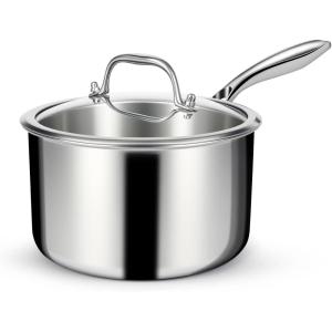 image:imageEWFEN 3 Ply Stainless Steel Saucepan with Lid 2 Quart Multipurpose Cooking Pot StayCool Handle Induction Oven Dishwasher Safe 2 QT3 Quarts