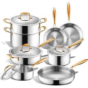 image:imageTriple Ply Stainless Steel Pots and Pans Set EWFEN 12 Piece Induction Cookware Set Oven Dishwasher Safe  Frying Pans Saucepans Saute Pan amp Stock Pot PFOA Free Kitchen Skillet Gold12 Pieces Gold