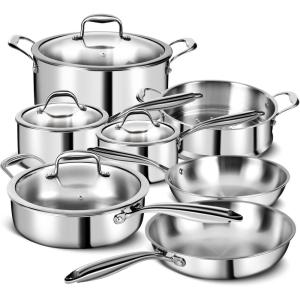 image:imageTriple Ply Stainless Steel Pots and Pans Set EWFEN 12 Piece Induction Cookware Set Oven Dishwasher Safe  Frying Pans Saucepans Saute Pan amp Stock Pot PFOA Free Kitchen Skillet Gold11 Pieces
