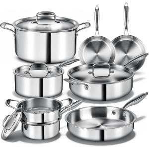 image:imageTriple Ply Stainless Steel Pots and Pans Set EWFEN 12 Piece Induction Cookware Set Oven Dishwasher Safe  Frying Pans Saucepans Saute Pan amp Stock Pot PFOA Free Kitchen Skillet Gold12 Pieces