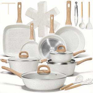 image:imageEWFEN 25 Pcs Pots and Pans Set Nonstick Ceramic Cookware Sets Healthy NonToxic Large Capacity Induction Compatible Cooking Set with Frying Pans amp Saucepans PFASPTFEPFOA Free Cream White25Piece Cream White