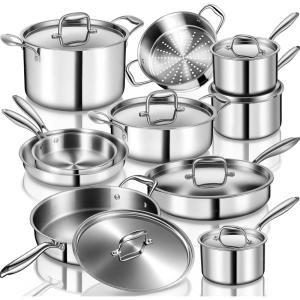 image:imageEWFEN Stainless Steel Cookware Set 3 Ply 17 Piece Stainless Steel Pot and Pan Set Oven Dishwasher Safe  Induction Compatible Frying Pans Saucepans Saute Pan amp Stock Pot PFOA PTFE amp PFOS Free